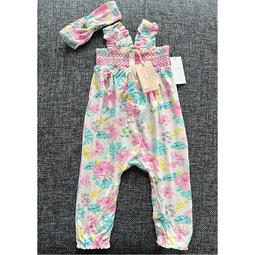 NWT Jessica Simpson Tropical Coverall and Headband Set Size 24 Months